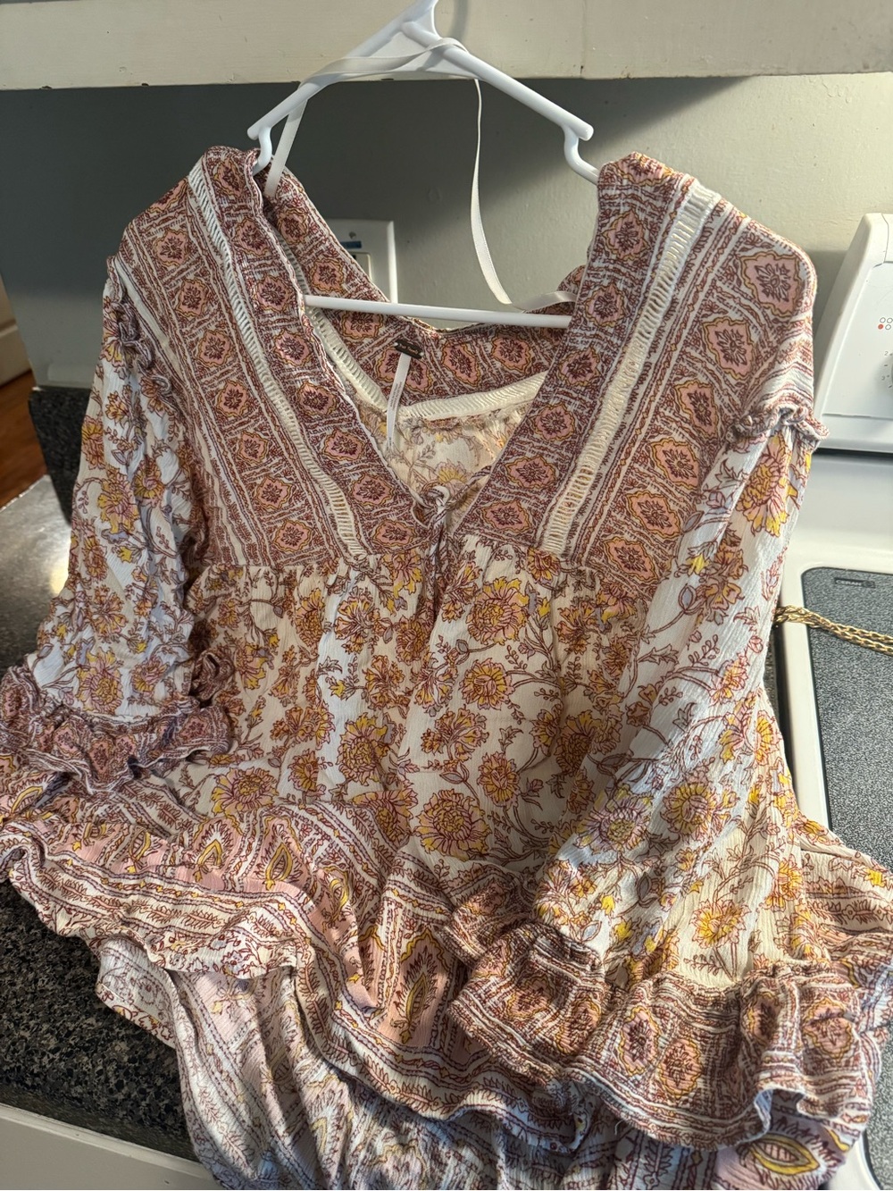 Free People Floral V-Neck Tunic Boho Top Size M